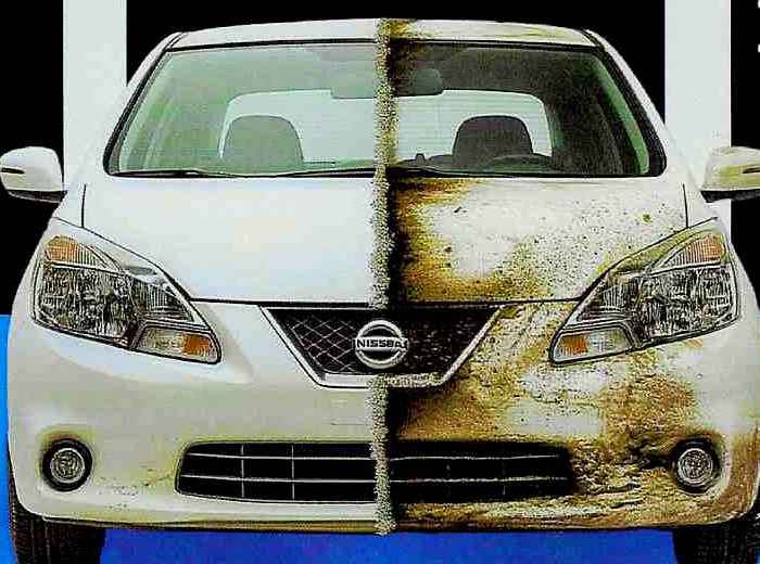 Before and after detailing on a white sedan